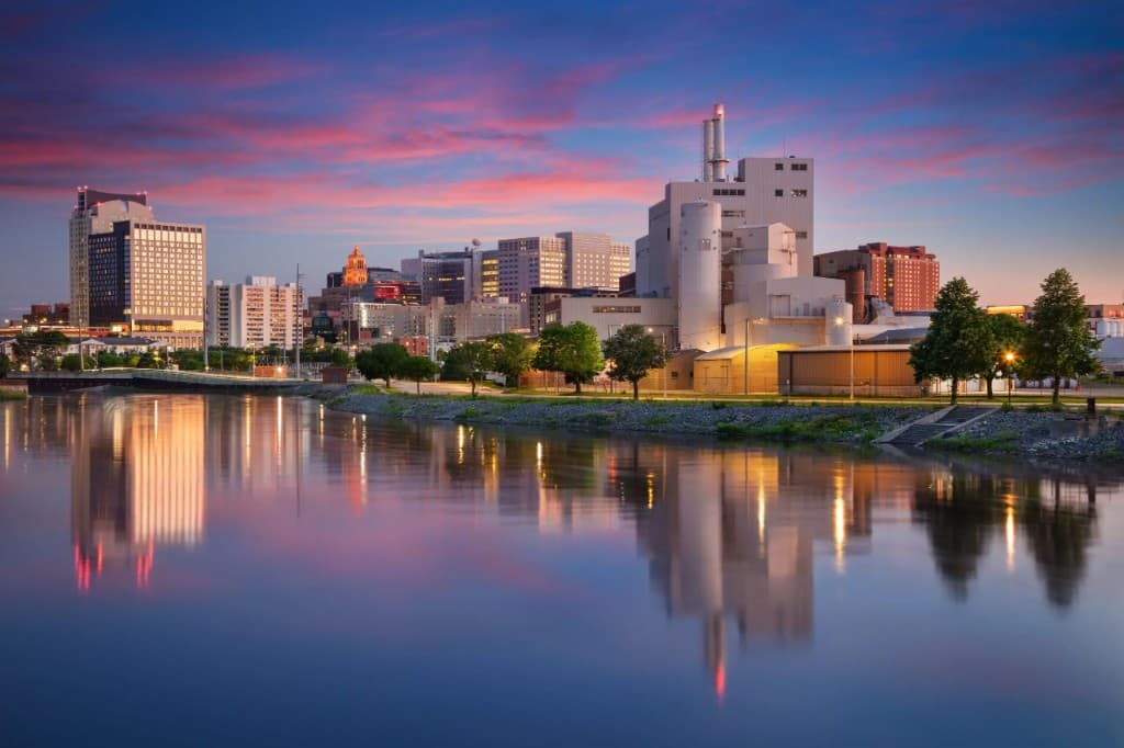 Rochester skyline at sunset