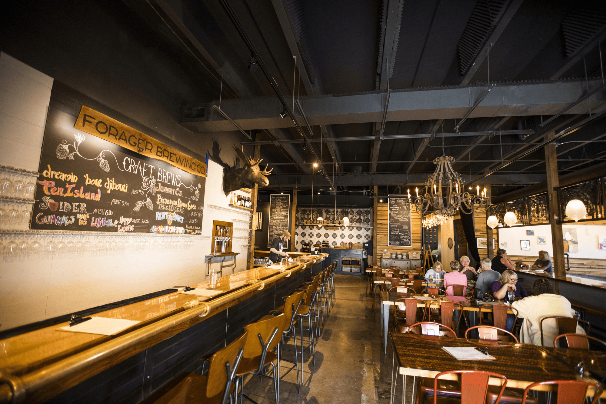 Forager Brewing Co. interior with bar and chalkboard menu
