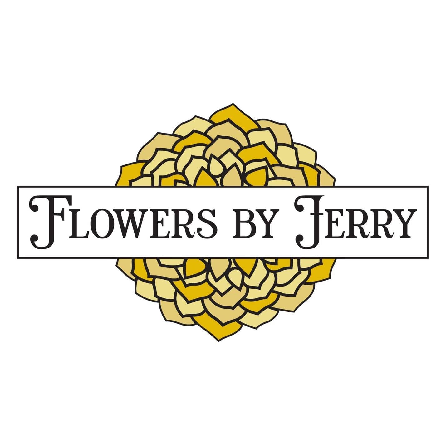Flowers by Jerry logo with a gold dahlia